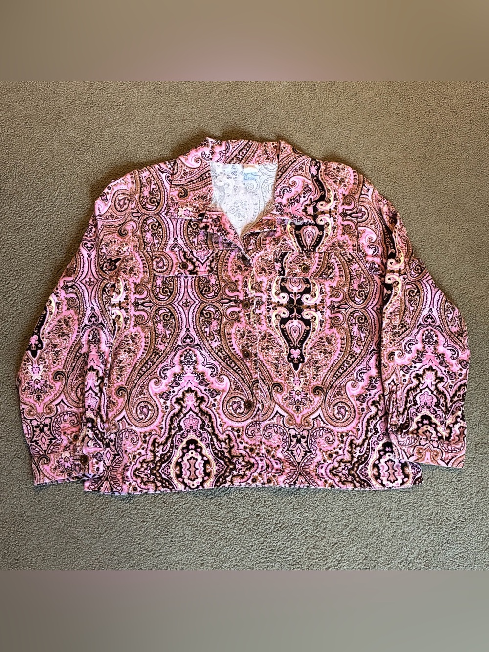 Ribbons & Spice Retro Paisley Pink Corduroy Jacket Shacket Women’s L Button Up